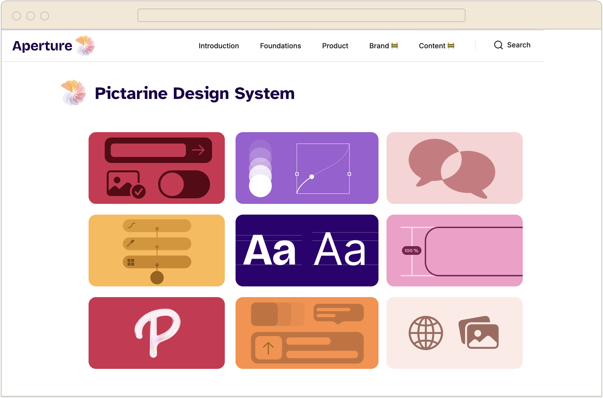 Pictarine Design System Aperture : page d'accueil avec les composants emblématiques