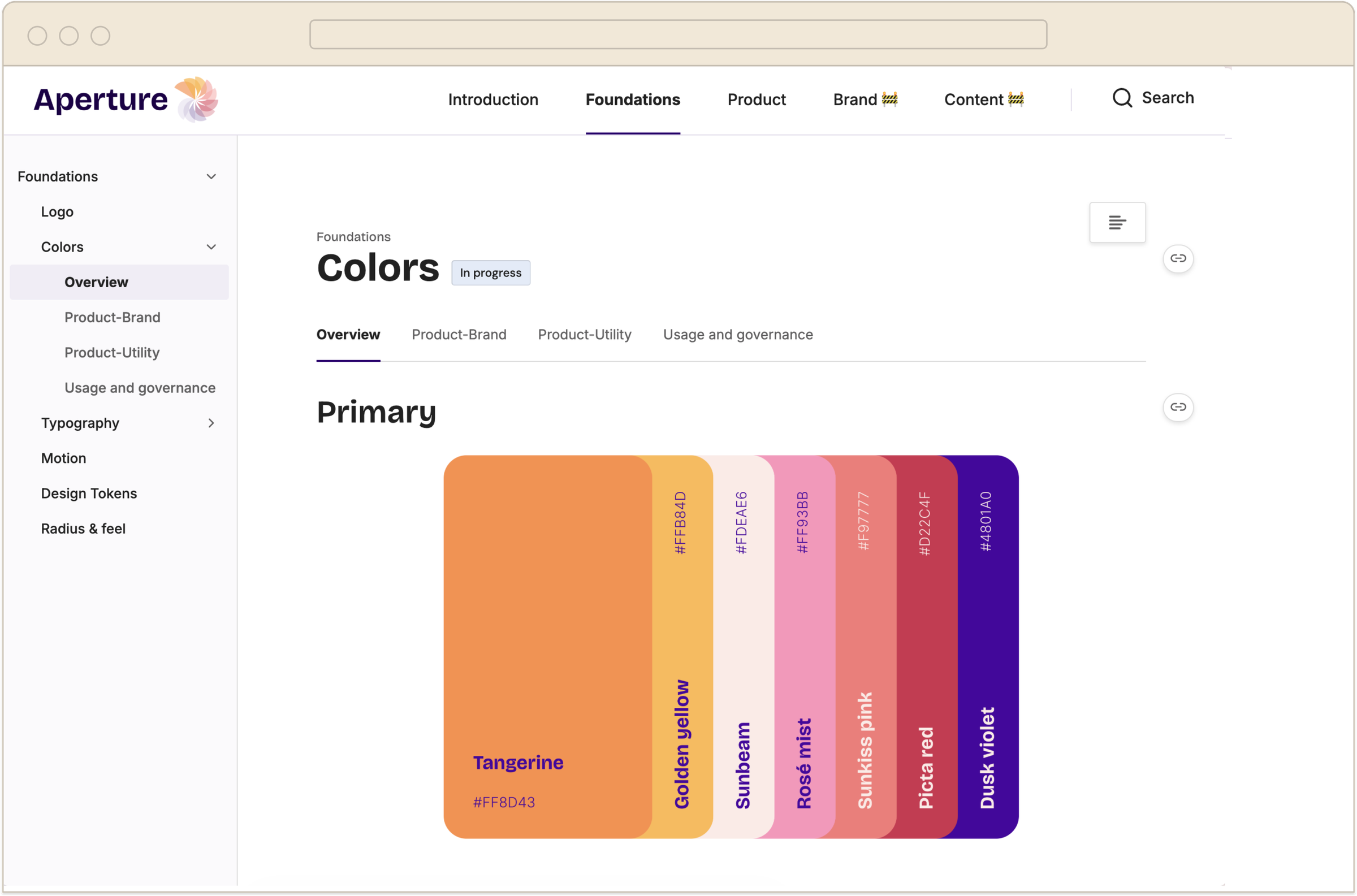 Aperture Foundations : palette couleurs Primary avec les noms et hex codes
