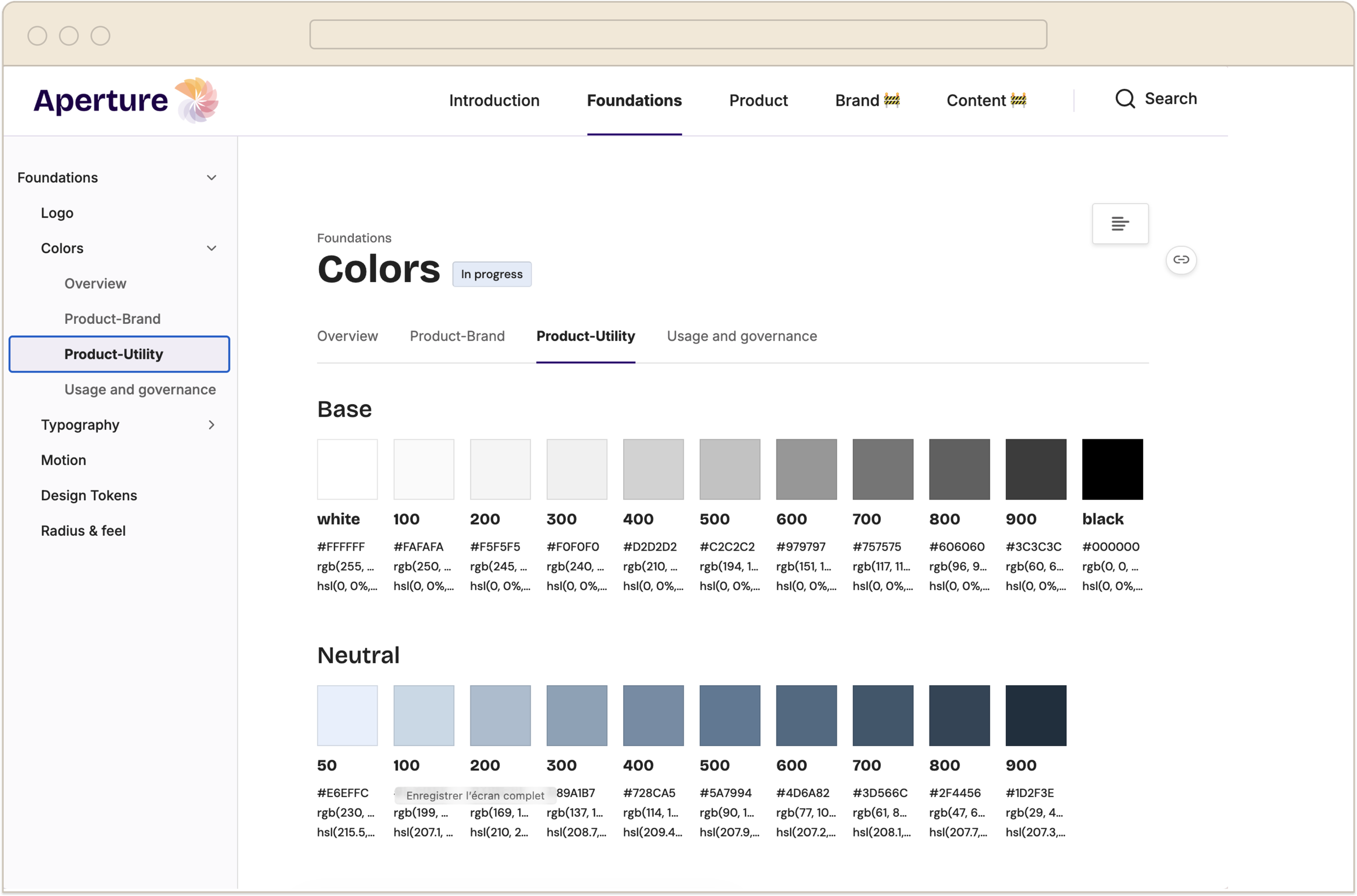 Aperture Foundations : palette Product-Utility (Base et Neutral) avec scales de gris et bleu-gris