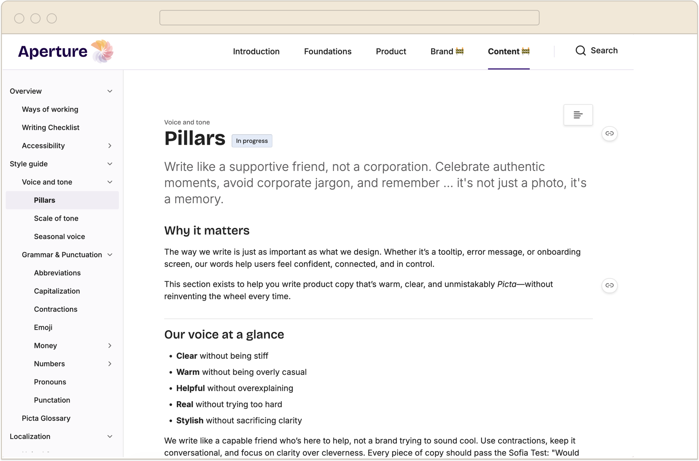 Aperture Content Design System : Voice and tone, Pillars