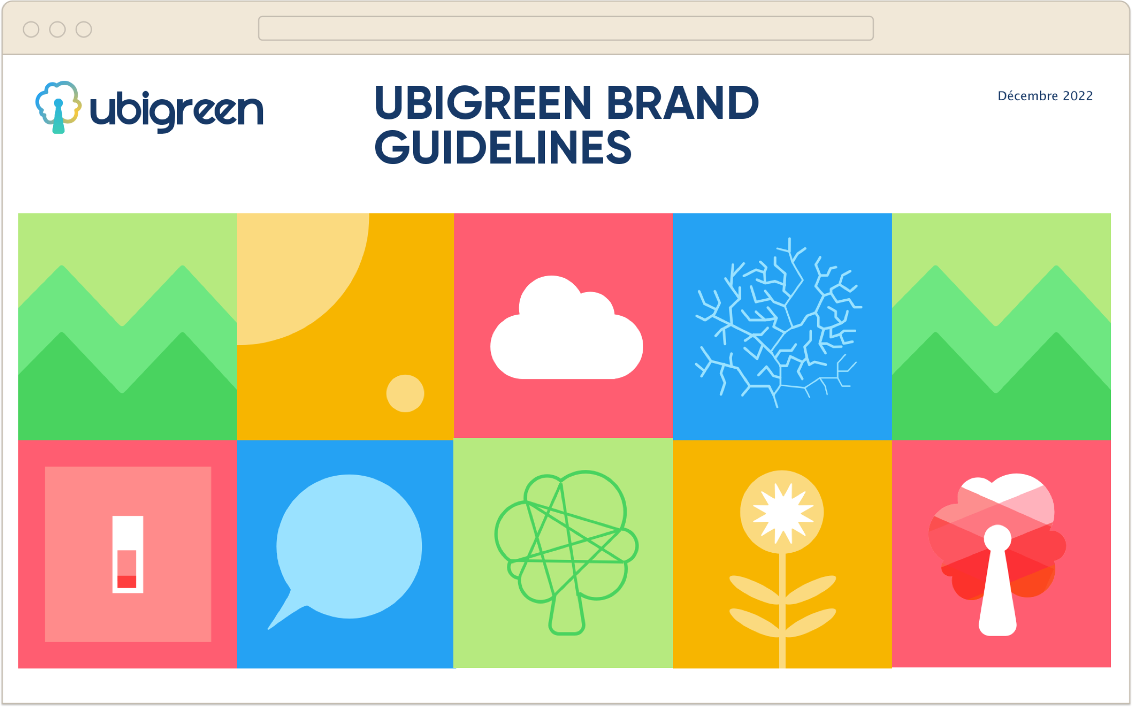 Couverture du Ubigreen Brand Guidelines de décembre 2022 : grille de 10 tuiles colorées illustrant les thèmes nature, météo, énergie et collaboration de la marque