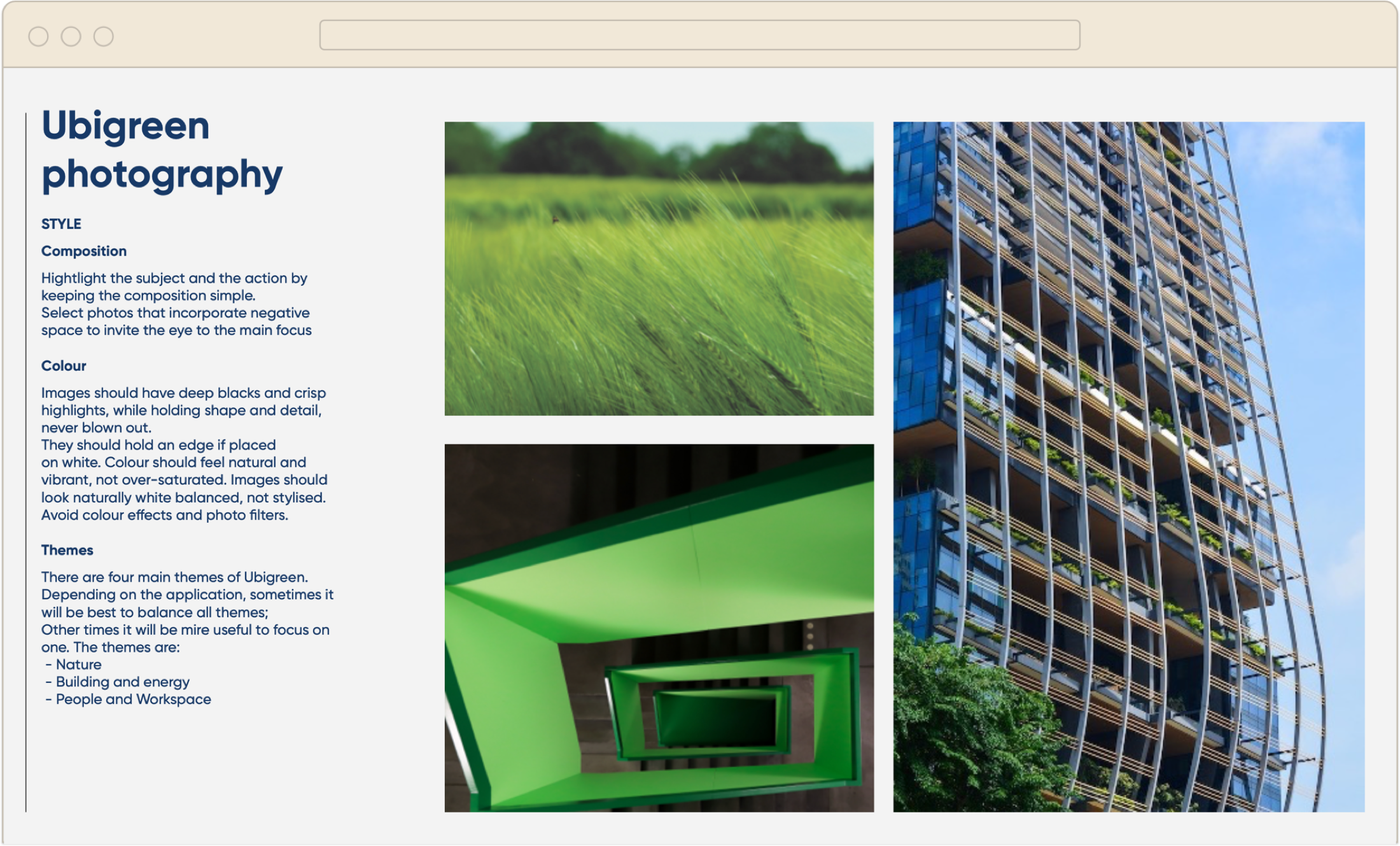 Page Ubigreen photography : règles de composition, traitement couleur et thèmes de la photographie, avec exemples (nature, bâtiment moderne, espace intérieur vert)
