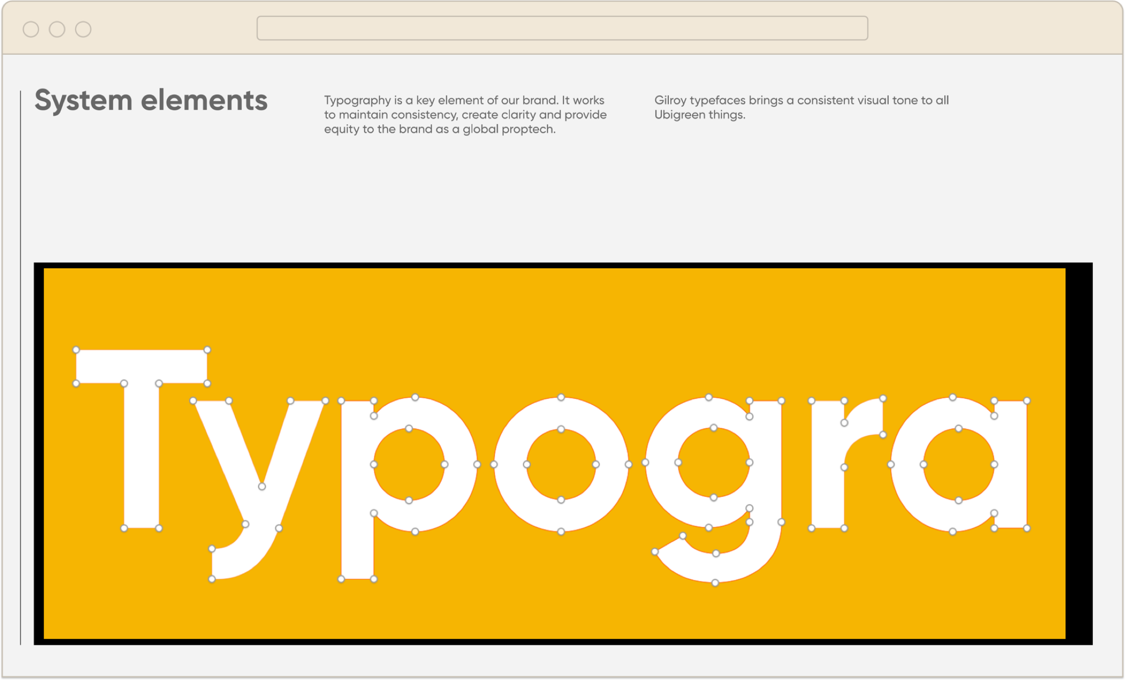 Page Typography du brand book : la typo Gilroy montrée avec ses tracés vectoriels sur fond orange Ubigreen