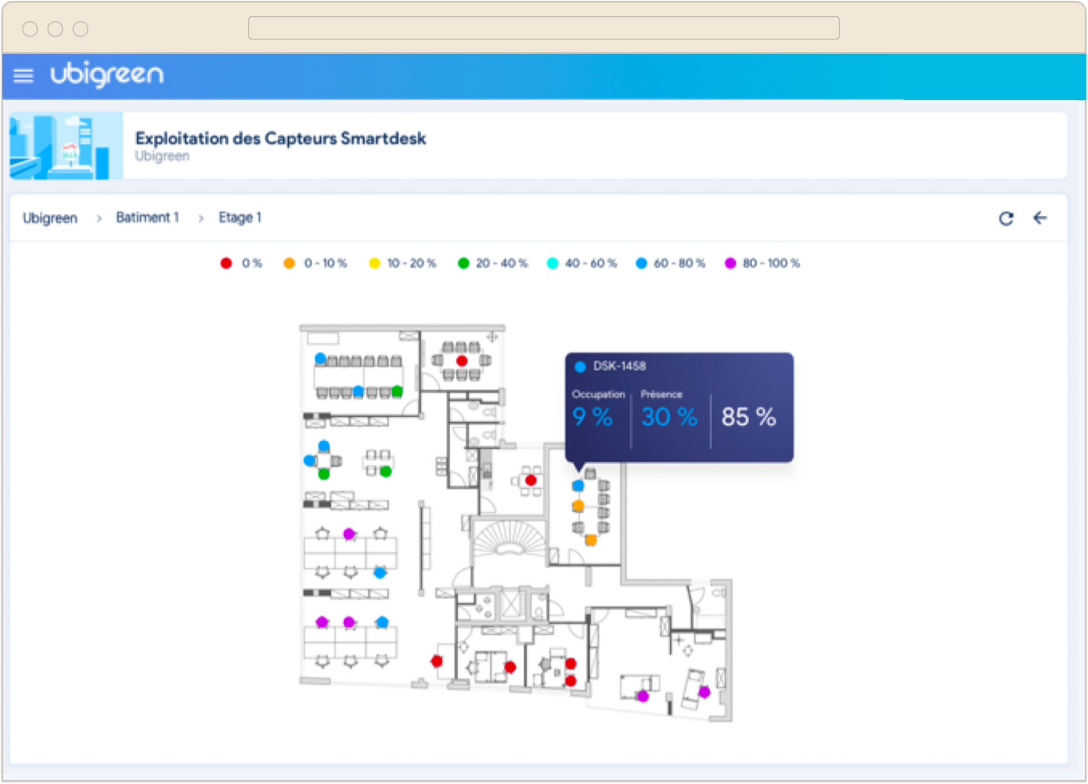Smartoffice : exploitation des capteurs Smartdesk sur un plan d'étage, taux d'occupation et de présence par poste de travail visualisés en temps réel