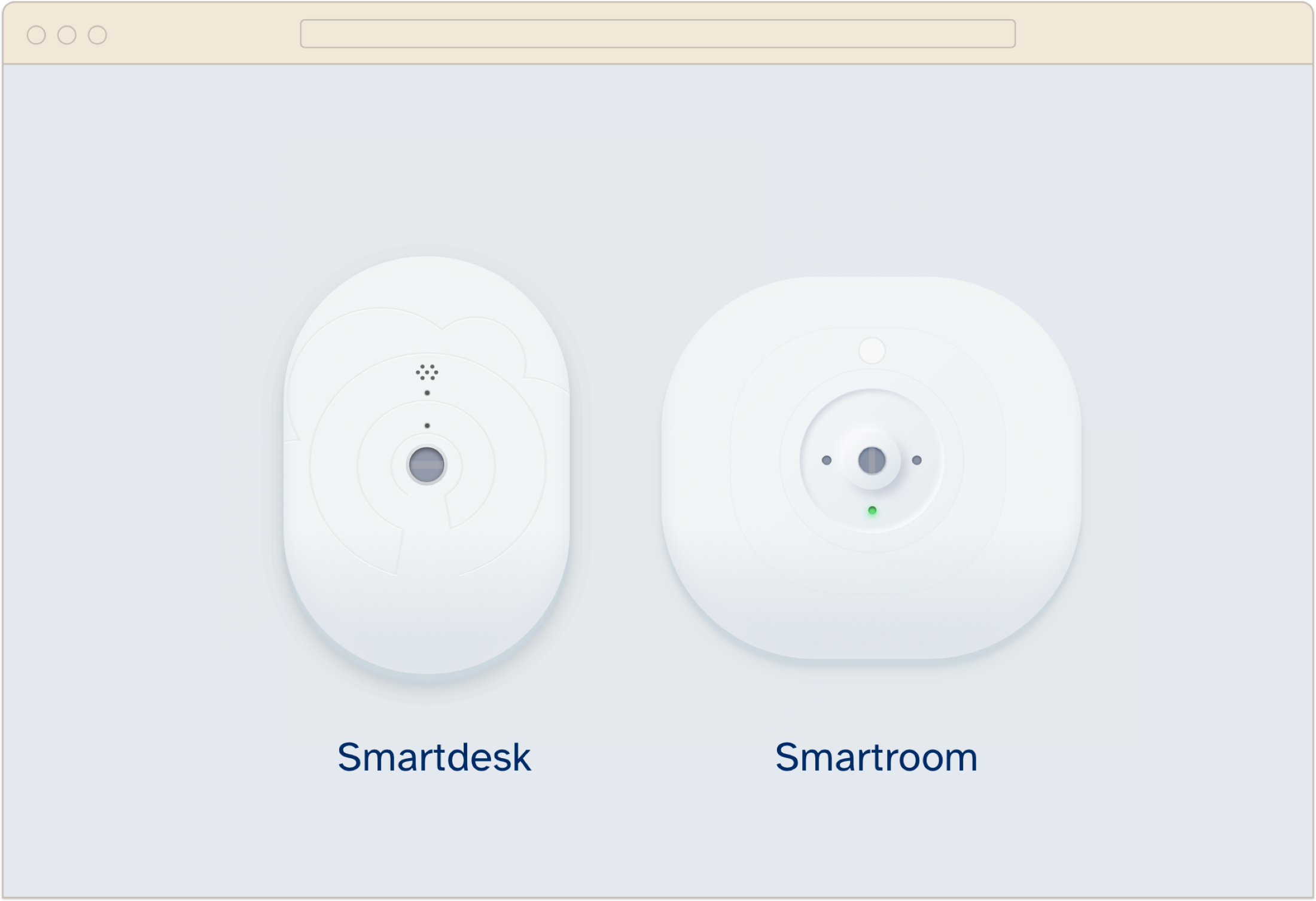 Les deux capteurs finaux Smartdesk et Smartroom : design industriel blanc, formes douces, étiquetés