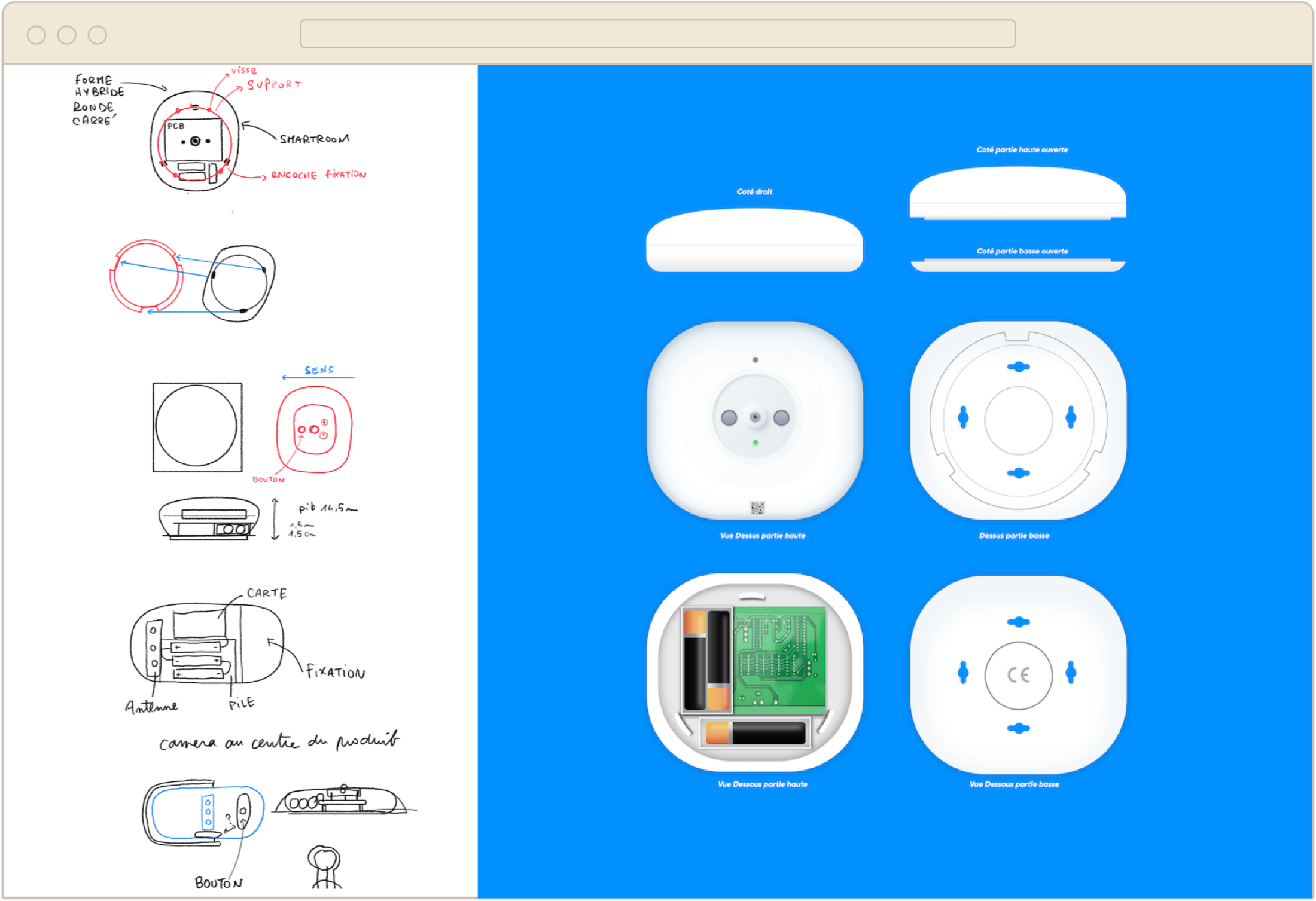 Phase de recherche : croquis exploratoires (formes, encoche de fixation, support) et rendus 3D des coques internes et externes des capteurs