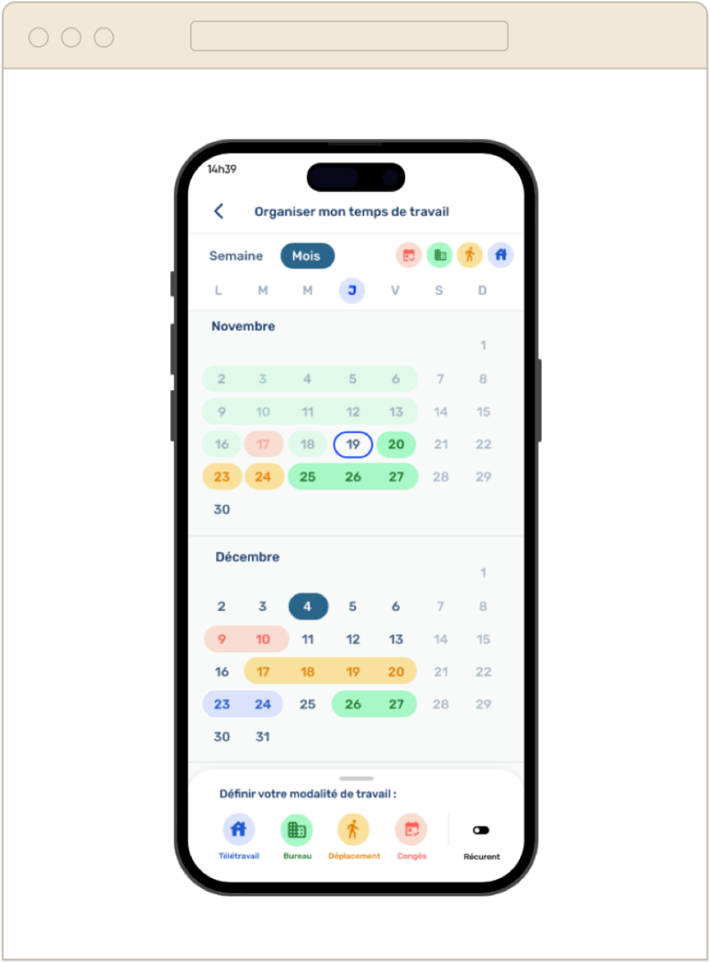 My Workspace mobile : vue calendrier mensuel avec modalités de travail (bureau, télétravail, déplacement, congés)