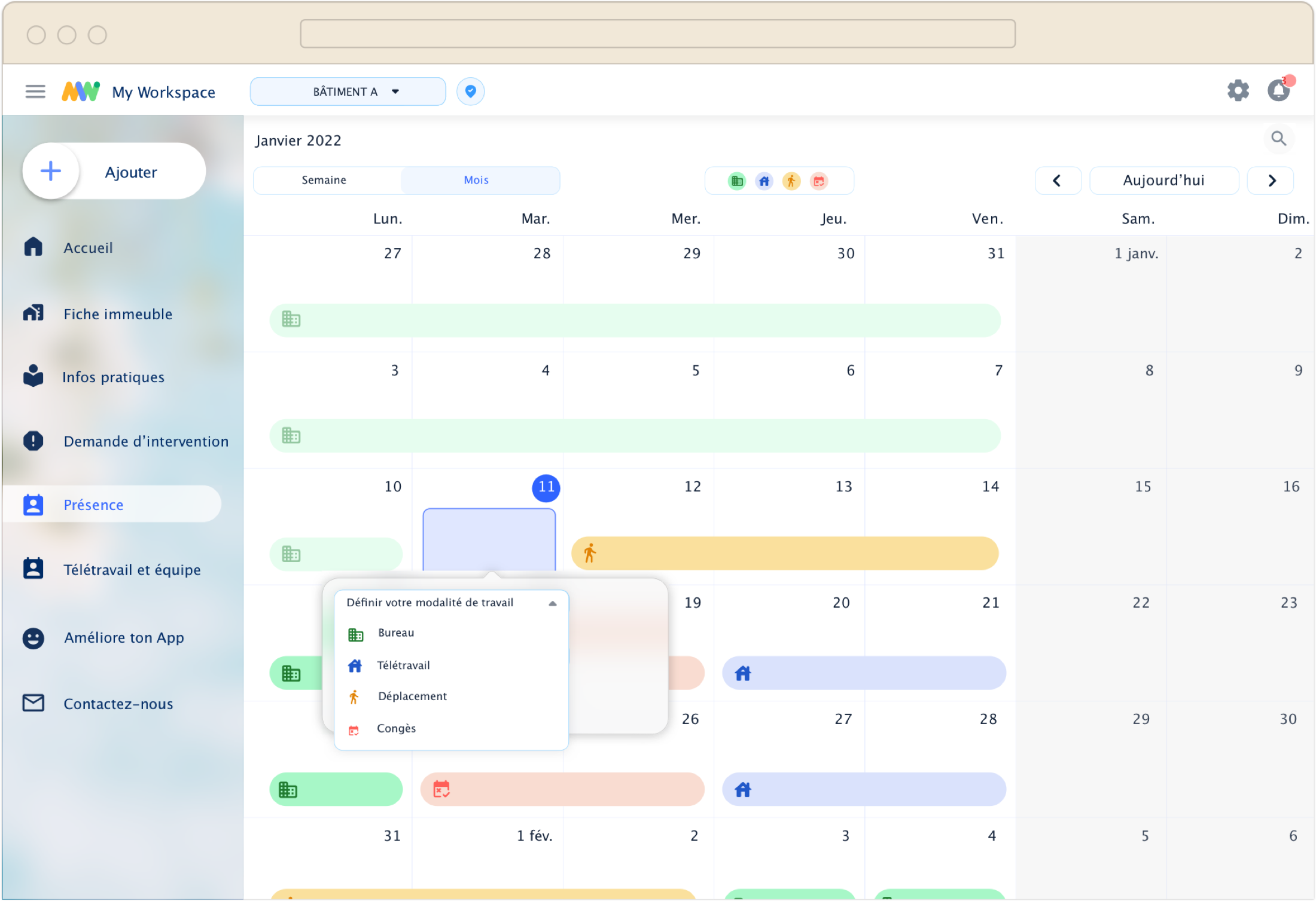 My Workspace web : dashboard de présence mensuel avec barre de navigation latérale et calendrier en pleine largeur