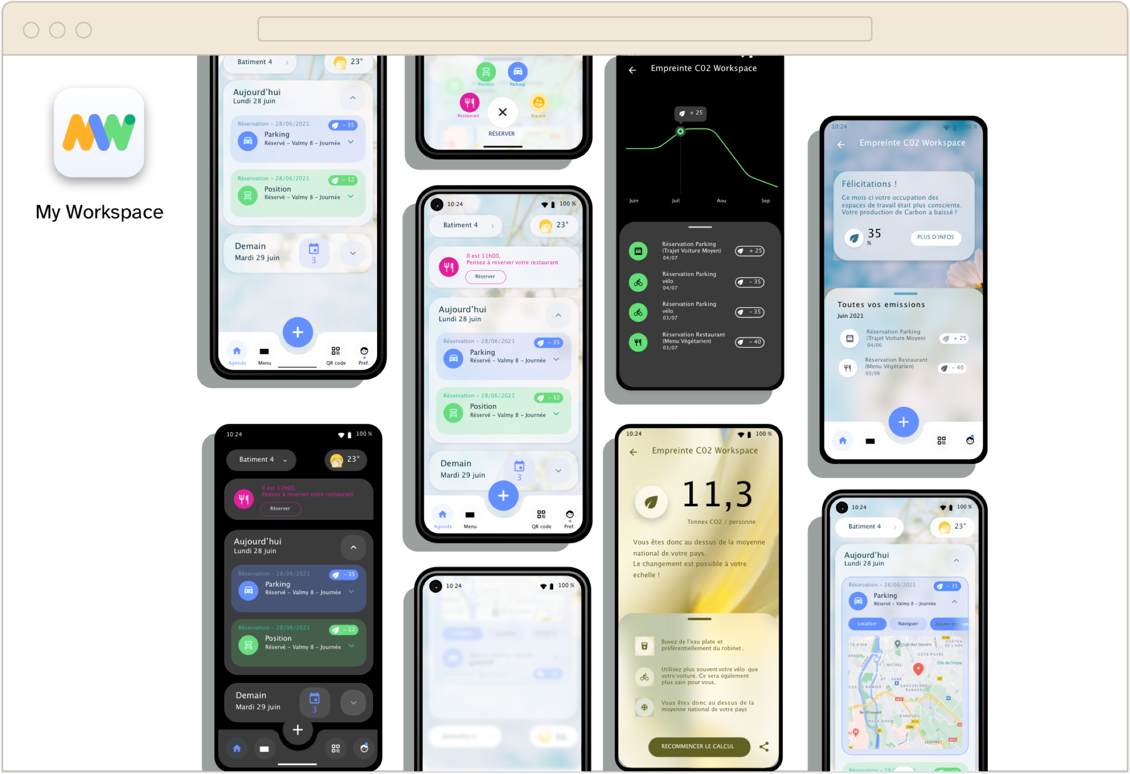 Vue d'ensemble de l'application My Workspace : tous les écrans clés en présentation isométrique avec l'icône de l'app
